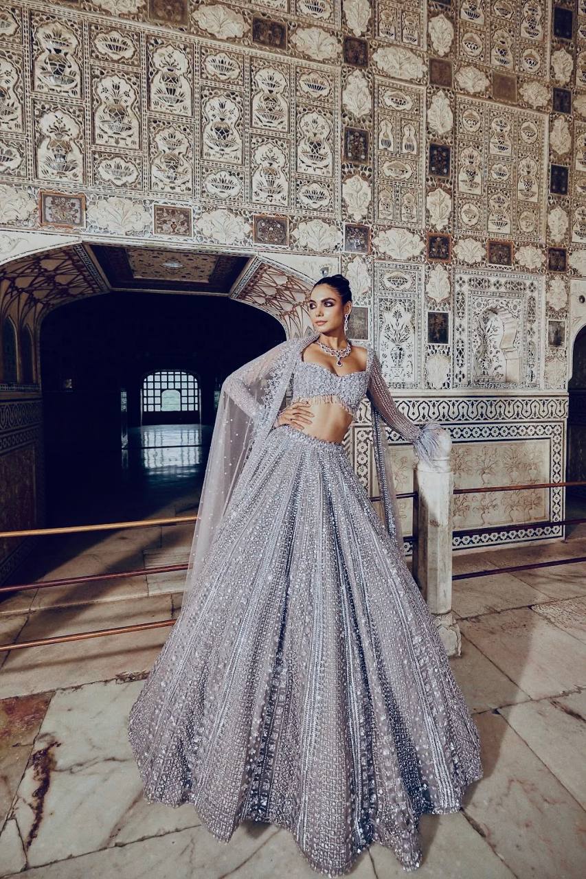 The Glittery Grey Shimmer Silk Sequined Lehenga Set - Image 2