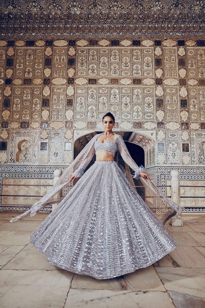 The Glittery Grey Shimmer Silk Sequined Lehenga Set - Image 3