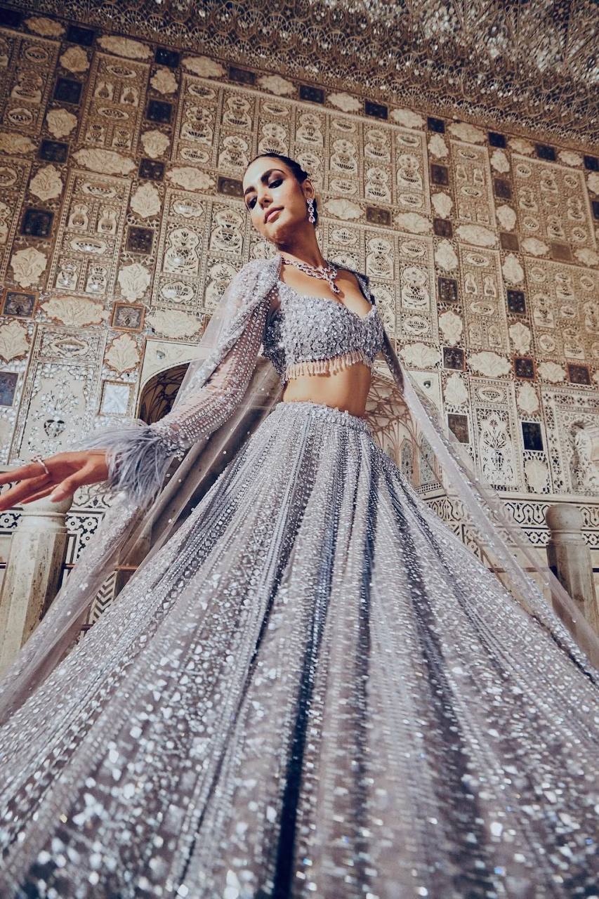 The Glittery Grey Shimmer Silk Sequined Lehenga Set - Image 4