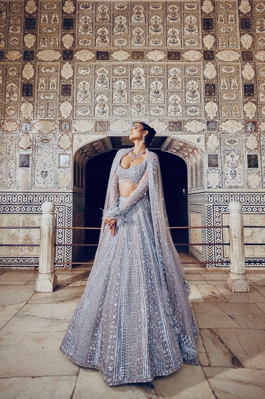 The Glittery Grey Shimmer Silk Sequined Lehenga Set - Image 5
