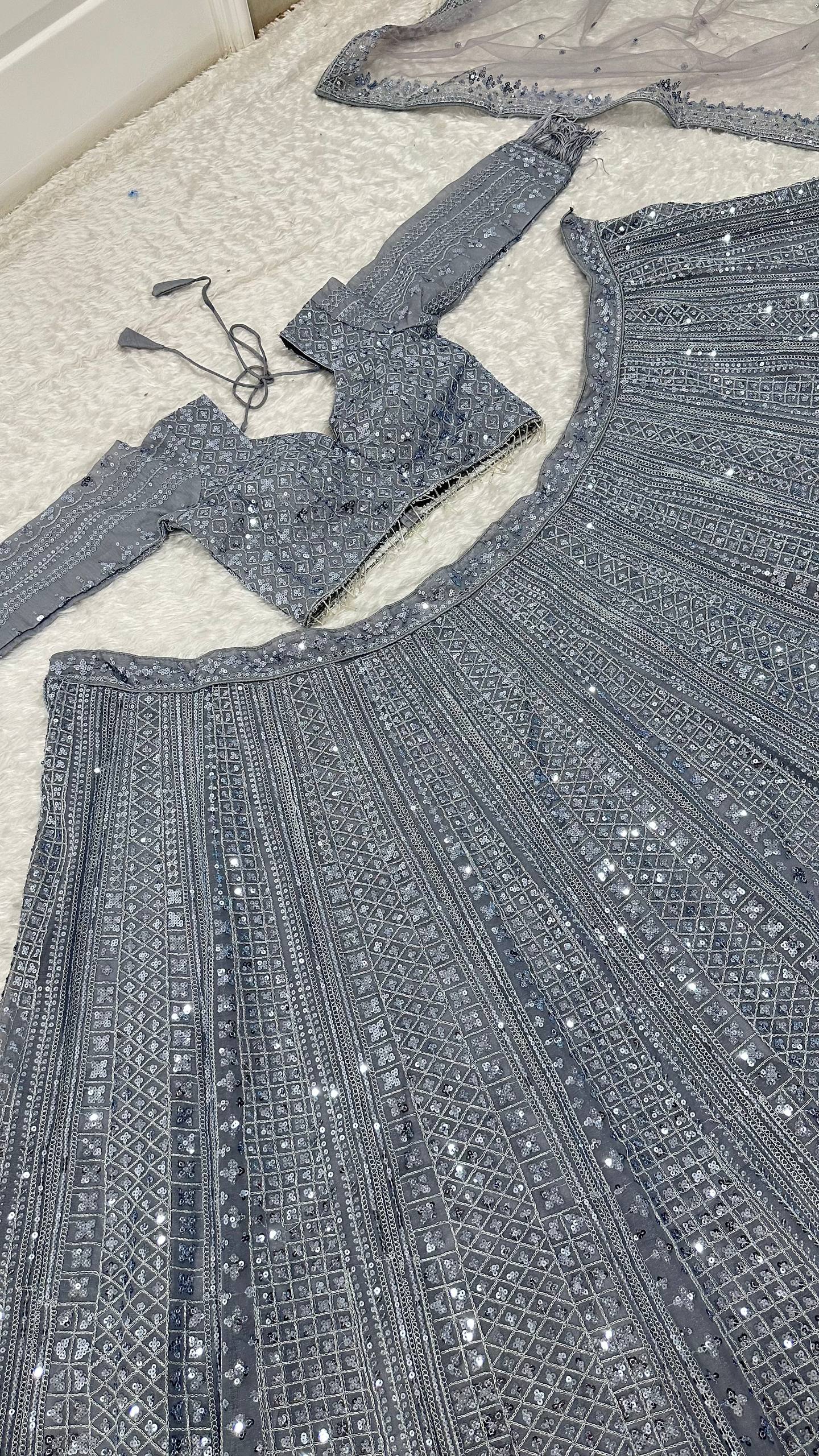 The Glittery Grey Shimmer Silk Sequined Lehenga Set - Image 6