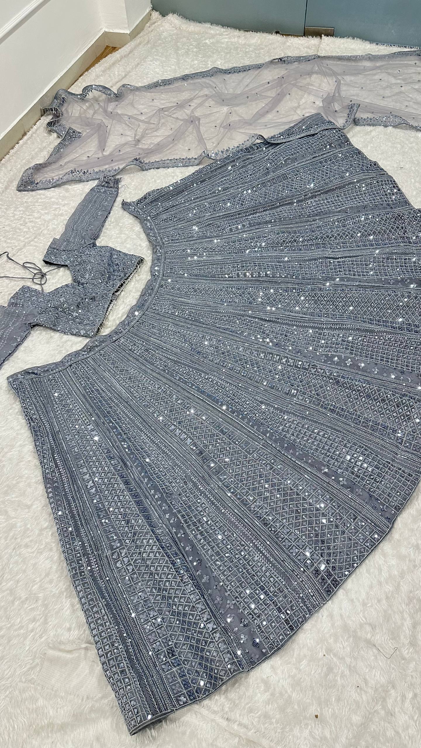 The Glittery Grey Shimmer Silk Sequined Lehenga Set - Image 7