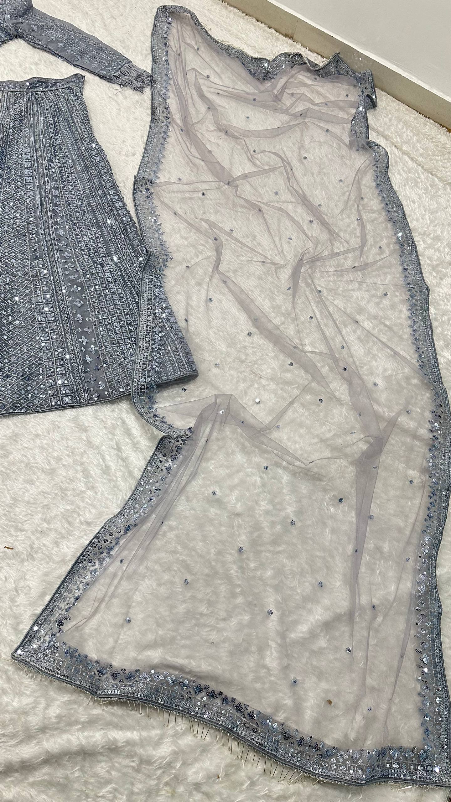 The Glittery Grey Shimmer Silk Sequined Lehenga Set - Image 9