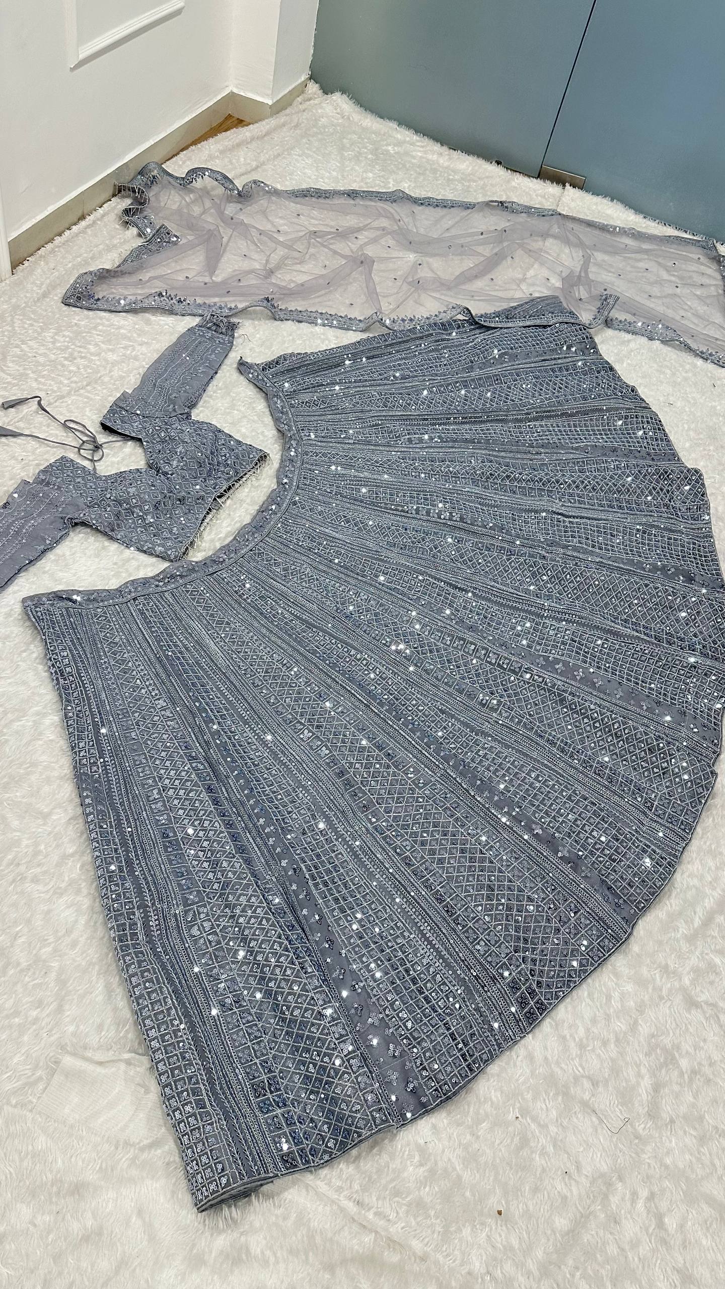 The Glittery Grey Shimmer Silk Sequined Lehenga Set - Image 10