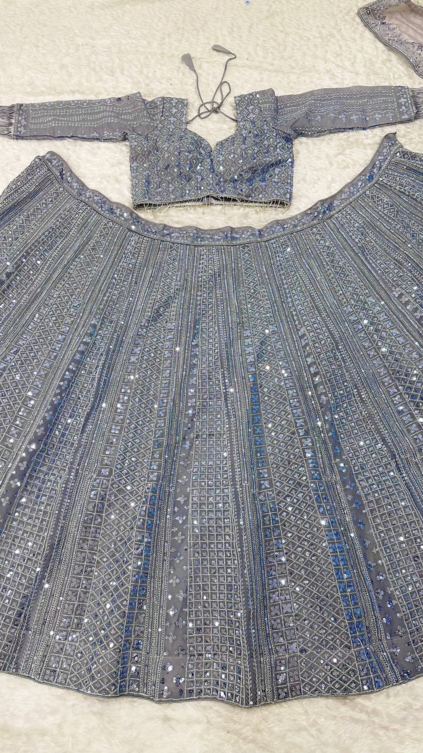The Glittery Grey Shimmer Silk Sequined Lehenga Set - Image 11