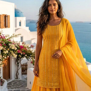 The Radiant Yellow Georgette Mirror Work Lehenga Set
