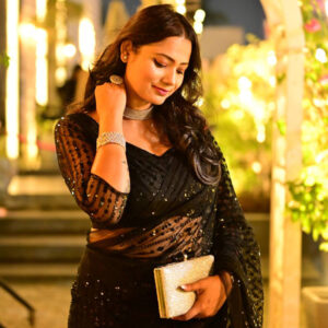 Black Sequined Net Saree with Jhalar Border