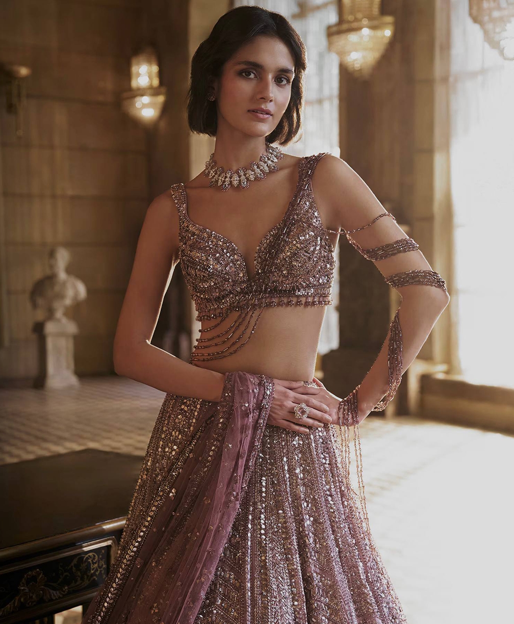 Soft Mauve Kasturi Silk Lehenga Set with Dori & Sequins Work