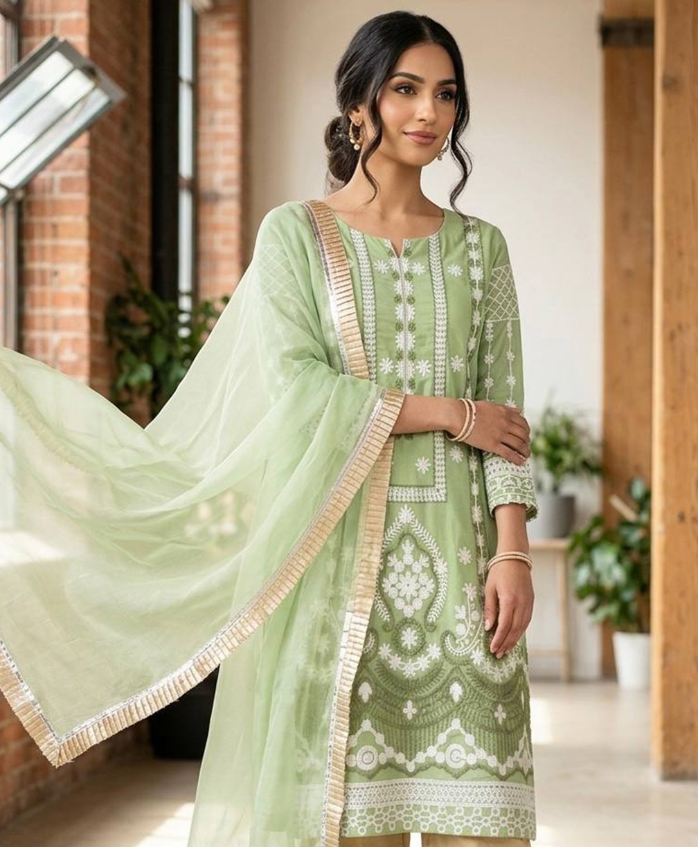 Elegant Slub Silk Kurta & Pant Set with Chain Stitch Embroidery