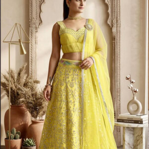 Vibrant Yellow Georgette Ruffle Lehenga Set with Zari & Foil Work