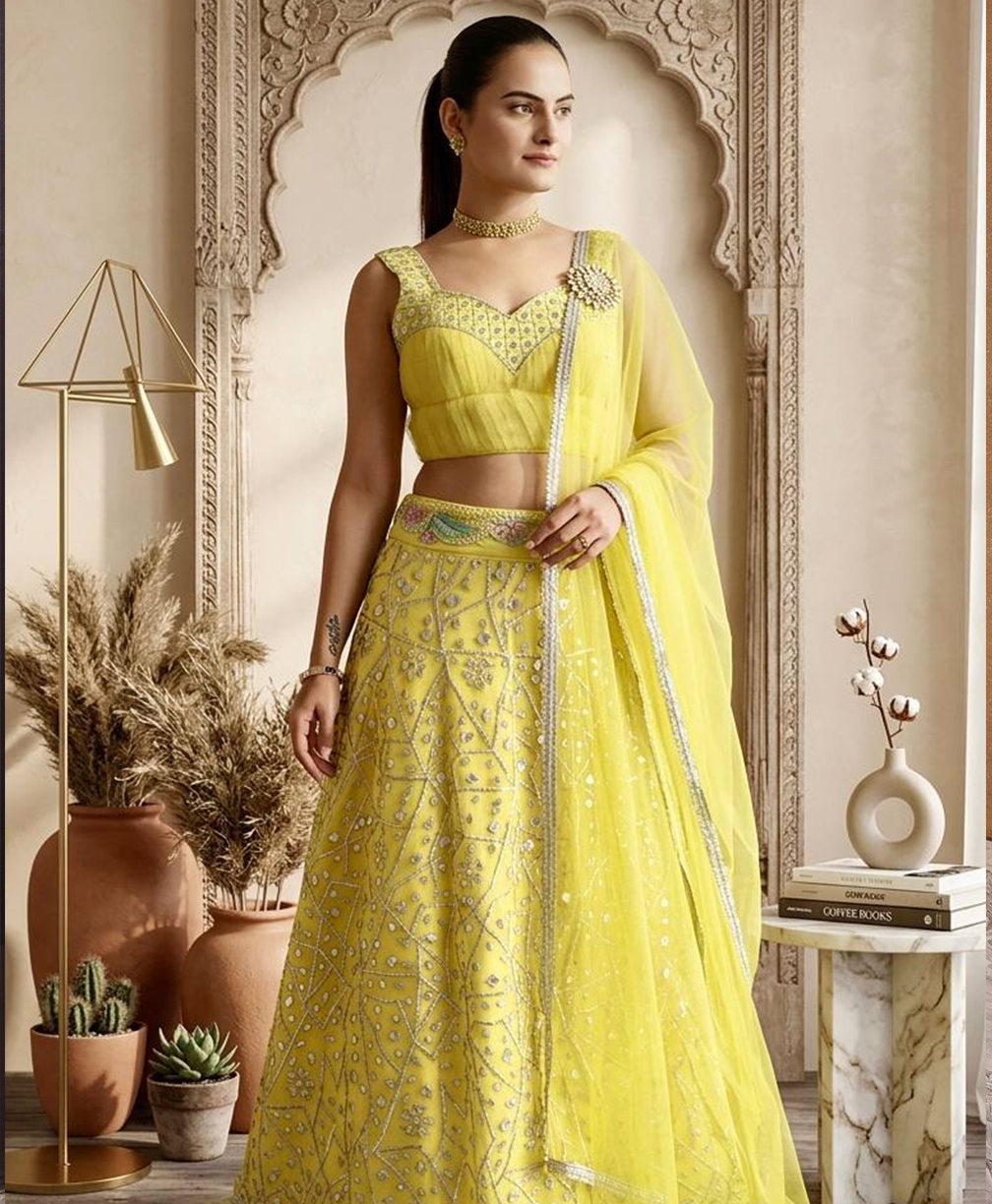 Vibrant Yellow Georgette Ruffle Lehenga Set with Zari & Foil Work