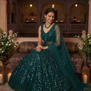 The Timeless Green Embellished Net Lehenga Set