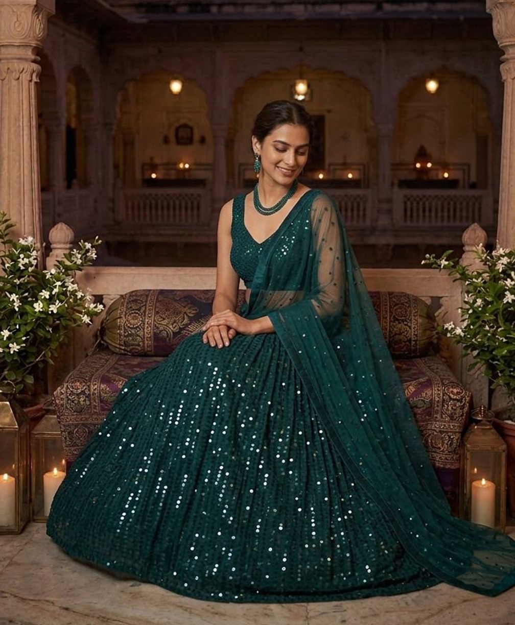 The Timeless Green Embellished Net Lehenga Set