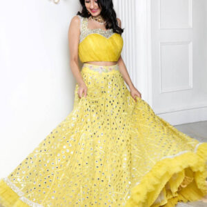 Yellow Georgette Foil Paper Work Lehenga Set with Ruffle Border