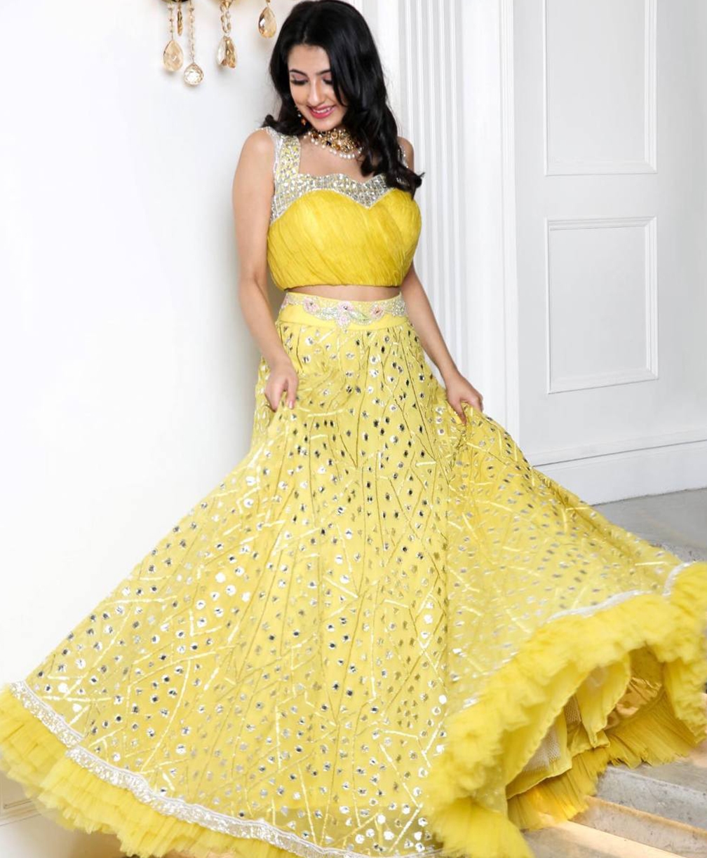 Yellow Georgette Foil Paper Work Lehenga Set with Ruffle Border