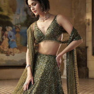 Dreamy Olive Tinted Chinon Silk Lehenga Set with Dori & Sequins Work