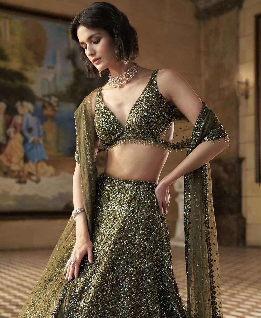 Dreamy Olive Tinted Chinon Silk Lehenga Set with Dori & Sequins Work