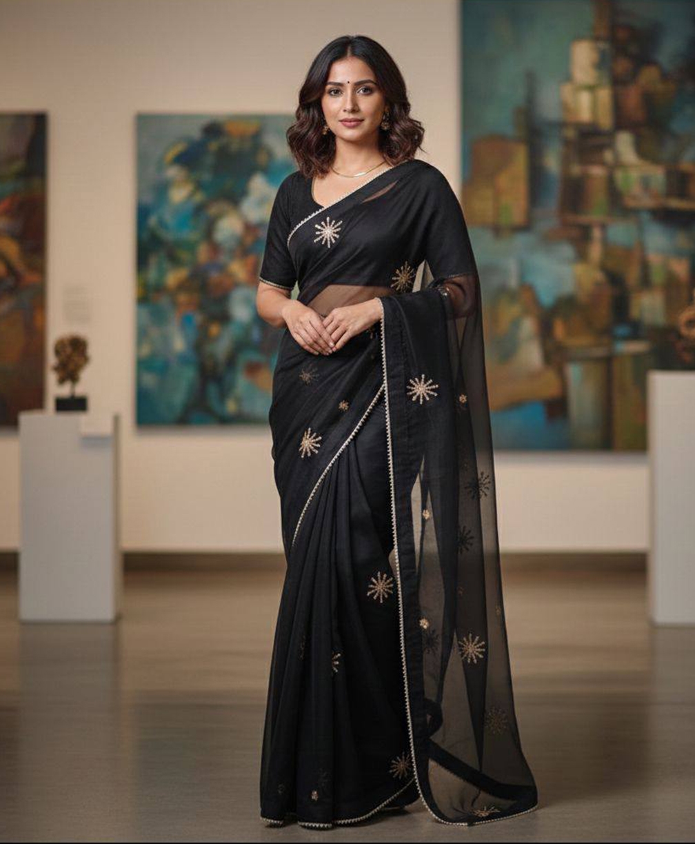 Black Georgette Zari Embroidery Saree