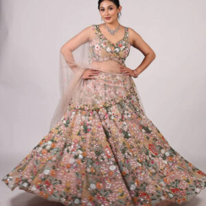 Floral Royalty Net Lehenga Set with Rainbow Sequins & Thread Work