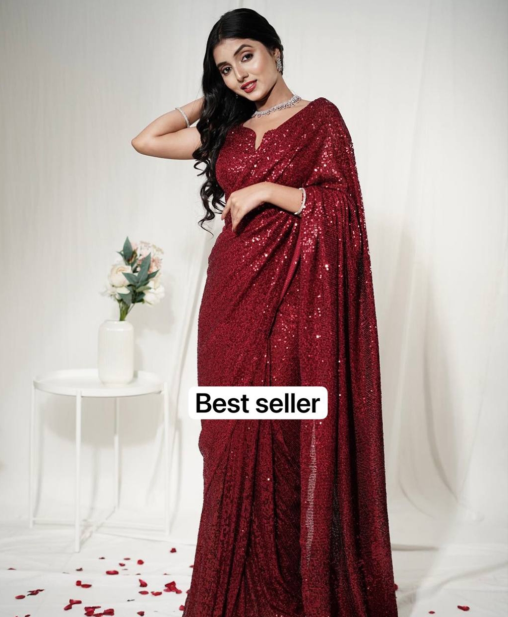 Beautiful Georgette Sequins Work Saree with Banglori Silk Blouse