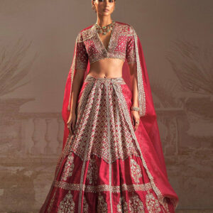 Crimson & Gold Muga Silk Lehenga Set | Zari Work & Pearl Border