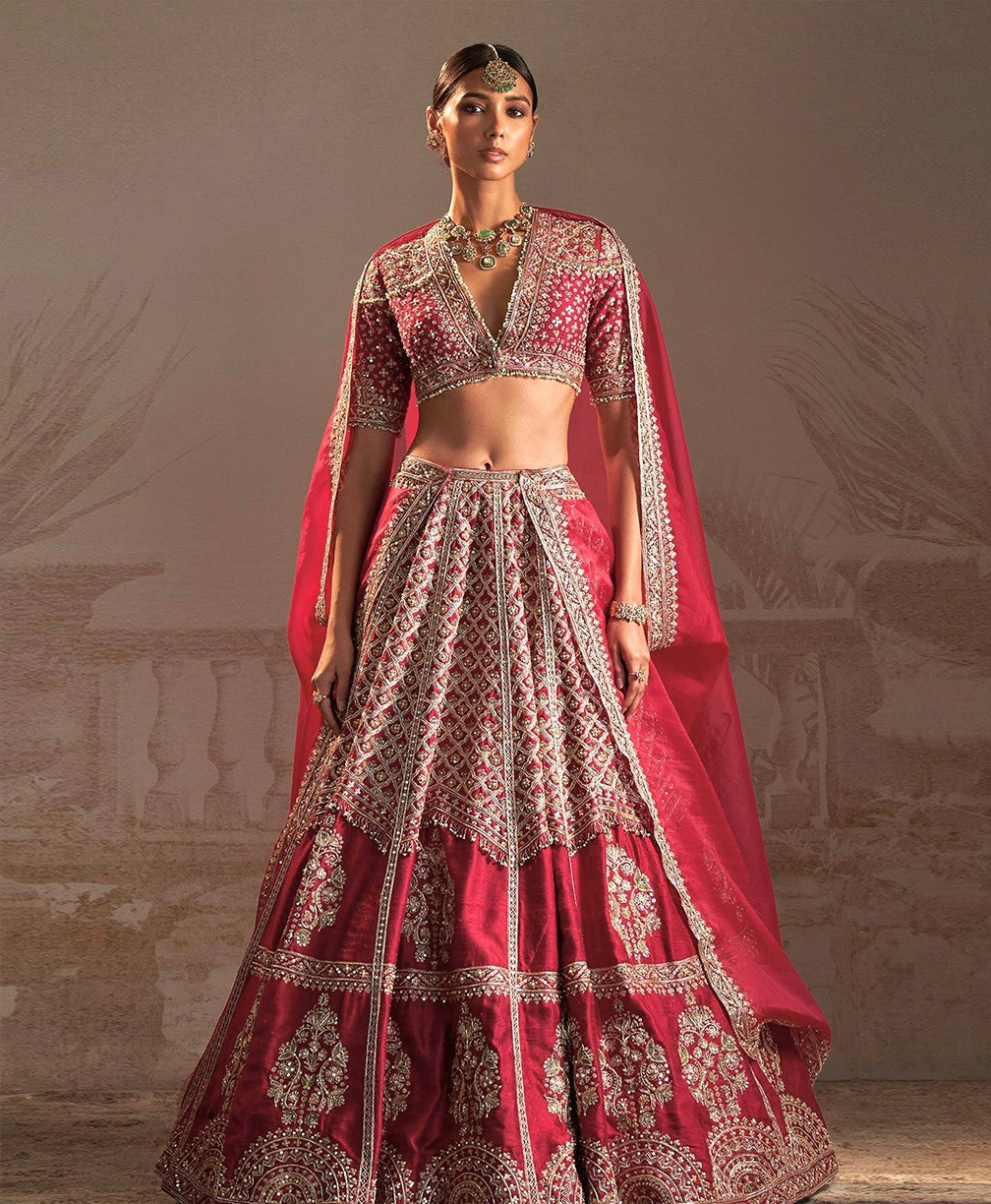 Crimson & Gold Muga Silk Lehenga Set | Zari Work & Pearl Border